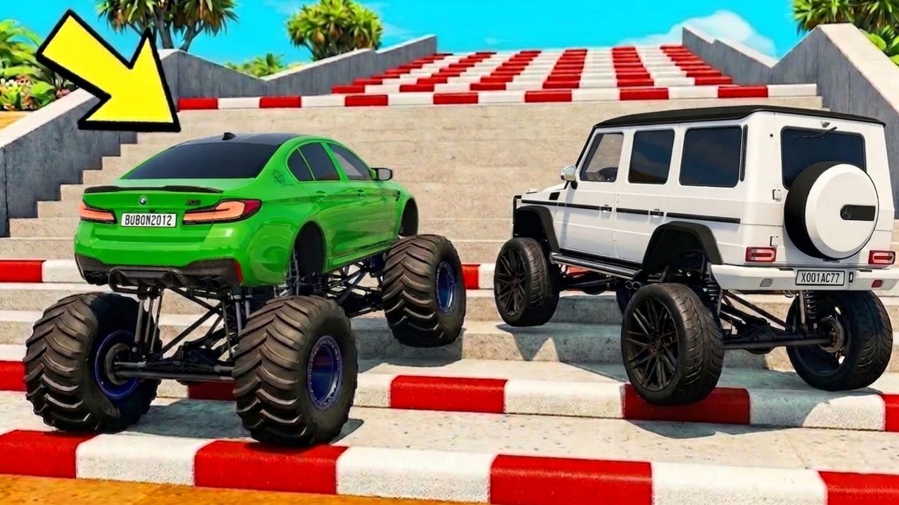 КАКОЙ ЧИТ МОНСТР ТРАК ЗАЕДЕТ ВЫШЕ ПО СТУПЕНЬКАМ ЛЕСТНИЦЫ В BEAMNG DRIVE!